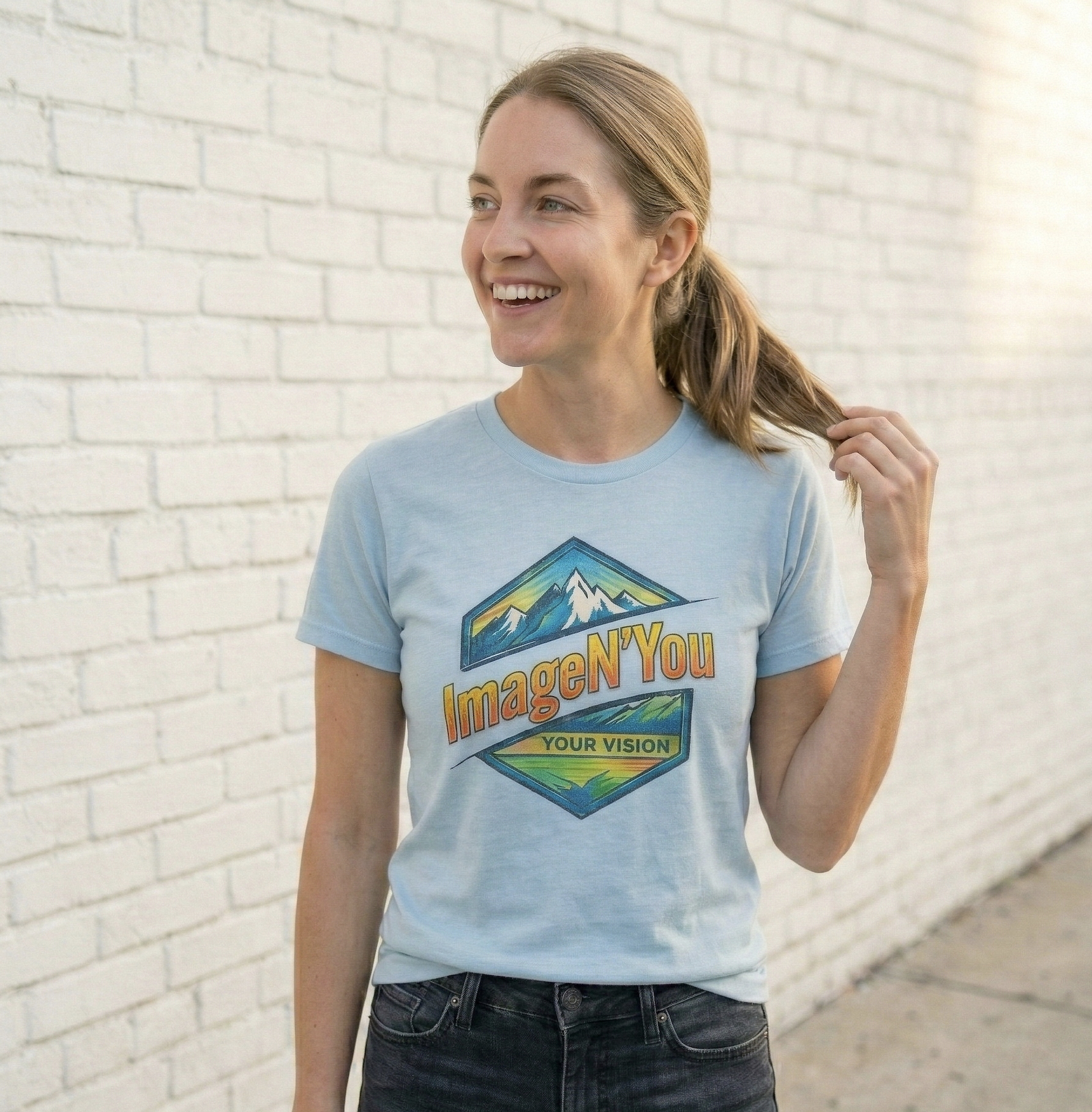 Happy woman wearing a custom ImageN'You t-shirt